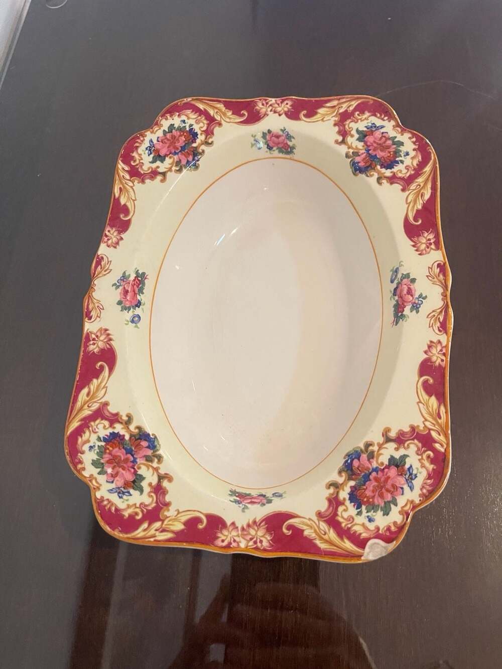Crown Ducal CRD38 Maroon Rim Floral Oval Vegetable Serving Bowl